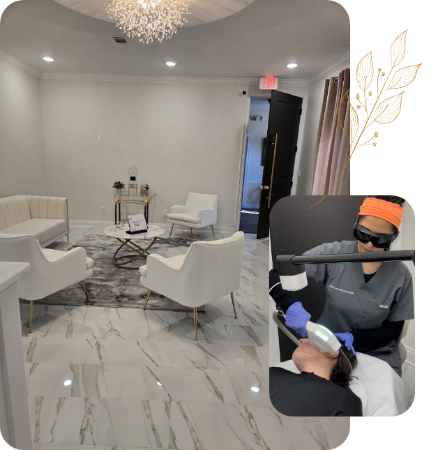 Collage featuring a pristine white waiting area and an aesthetic doctor treating a patient