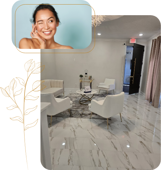 Collage featuring a smiling woman and a pristine reception area with white chairs and floors